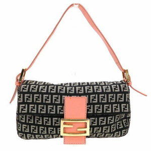 FENDI Zucchino Shoulder Bag Black Pink Canvas Leather